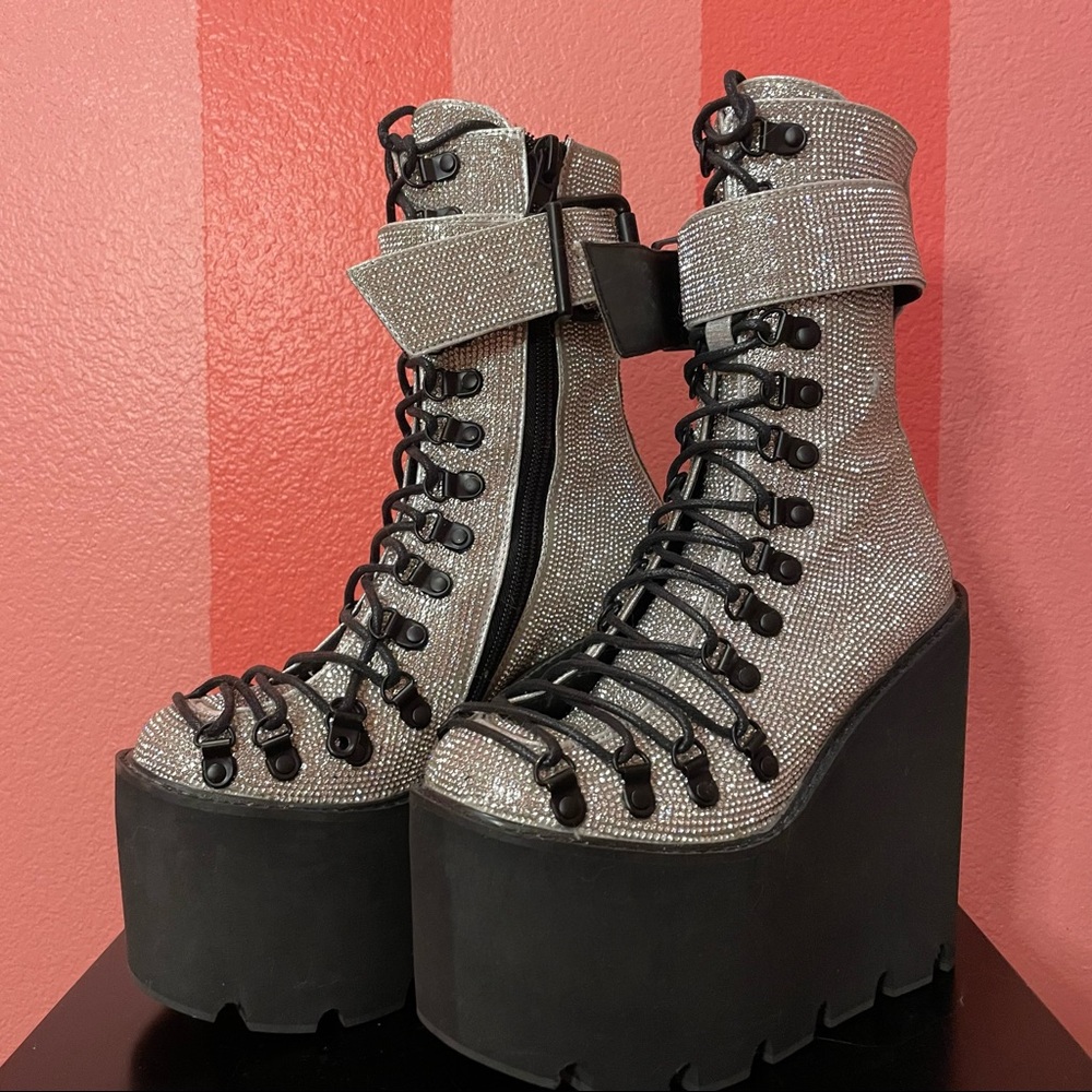 Dolls Kill Club Exx platform rave rhinestone boots